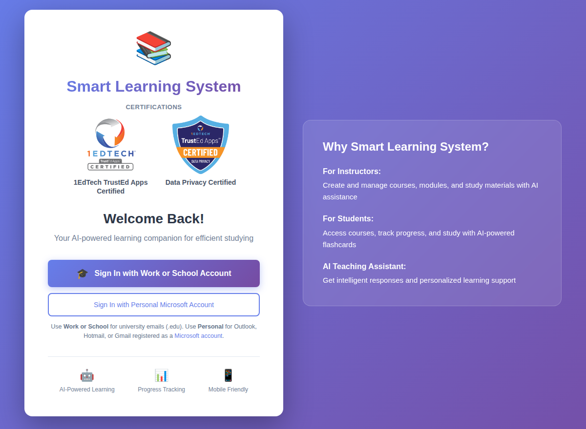 Smart Learning System sign-in page, showing 1EdTech TrustEd Apps and Data Privacy certification badges and single sign-on with a work or school account.